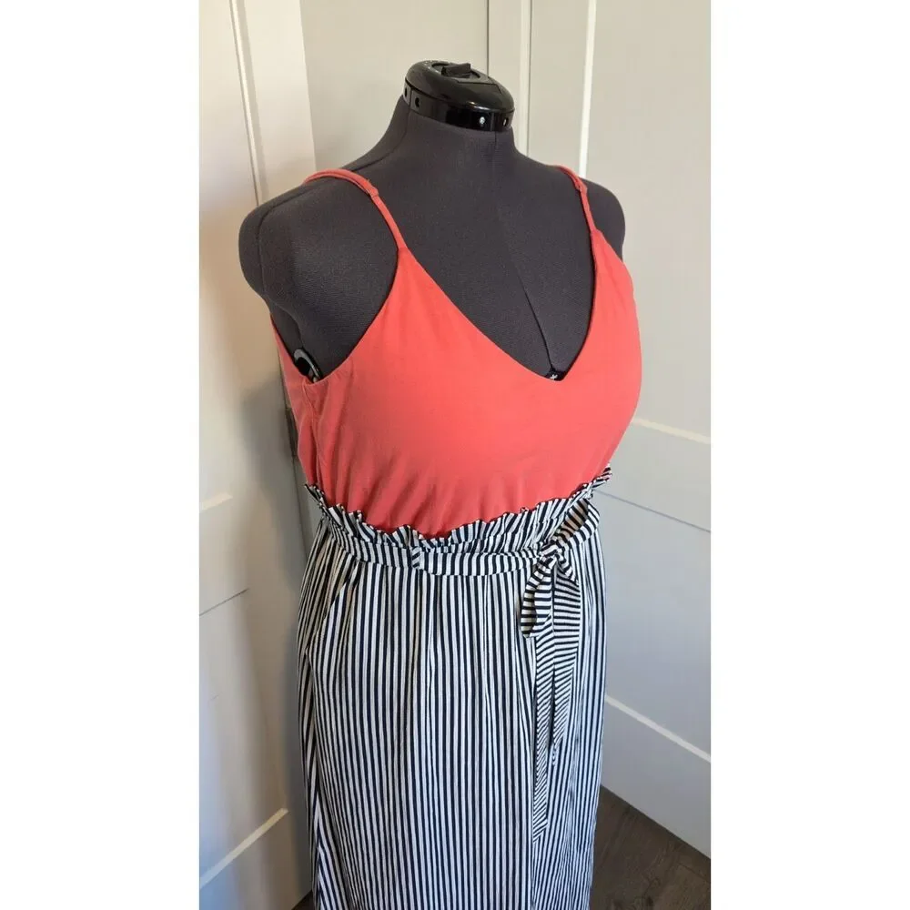 Main Strip Womens Maxi Dress Plus 2XL Paper Bag Waist Pink Orange Striped Black - Picture 2 of 8